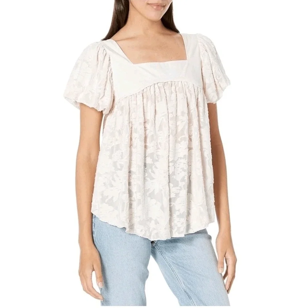 Free People Sunrise to Sunset Top M Pink Floral Burnout Babydoll Puff Sleeve
